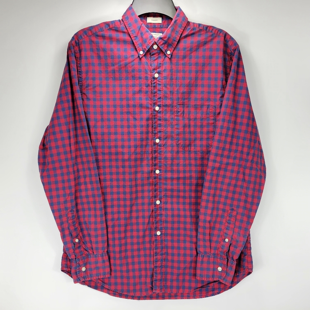 J Crew Classic Fit Long Sleeve Button Shirt Gingham Plaid Mens Medium M Red Blue